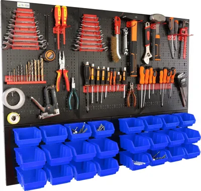 Obrázek produktu pro botle® Nástrojová stěna Kovová děrovaná stěna, stohovatelné boxy + nástěnná police + držák na nářadí 51dílná sada, úložný prostor pro drobné součástky,  nástěnná dílna s 24 stohovatelnými modrými malými a velkými nádobami, závěsná police, třídicí police