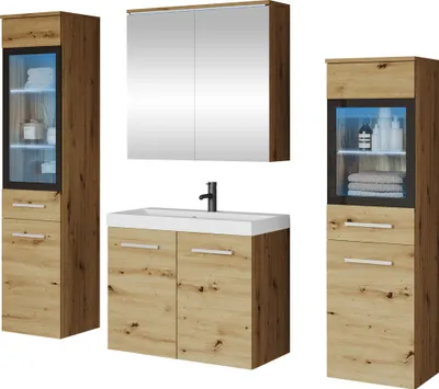 Produktbild von MIRJAN24 Badmöbel-Set Madrit I, Badezimmer-Set mit Spiegel und Waschbecken (Farbe: Artisan Eiche, mit Siphon, mit RGB Beleuchtung)
