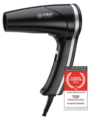 Produktbild von TZS First Austria Haartrockner mit Wandhalterung, 1200W, 2 Temperatureinstellungen, Kühlfunktion, 180cm Kabel, Thermosicherung, Schwarz