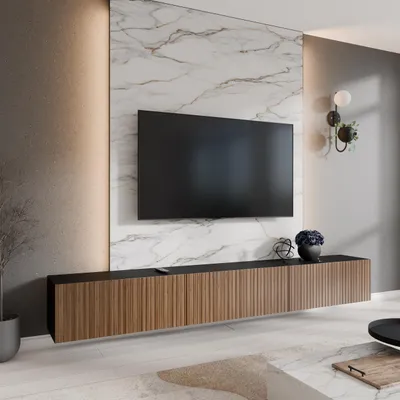 Produktbild von Hängeschrank RTV 300cm breit Porto TV Lowbord mit 6 Türen Große TV Schrank Lowboard Fernsehtisch mit gefräste Fronten, Farbe: Schwarz, Eiche Catania, Anzahl de Tren: 6