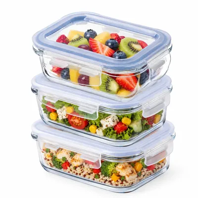 Imagen del producto de Recipientes de vidrio con tapa, juego de 3 unidades, para alimentos. Contenedores para alimentos aptos para lavavajillas, con cierre hermético (rectangulares, 370 ml)