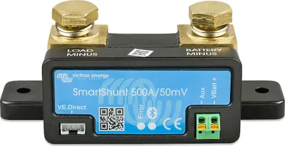 A Victron Energy SmartShunt 500A/50mV battery monitor is shown against a white background.