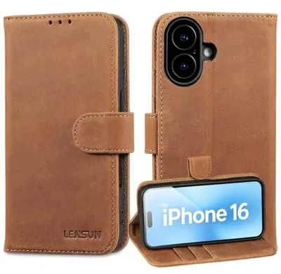 Zdjęcie produktu dla Etui iphone 16 skórzane portfel karty RFID magnetyczne brązowe