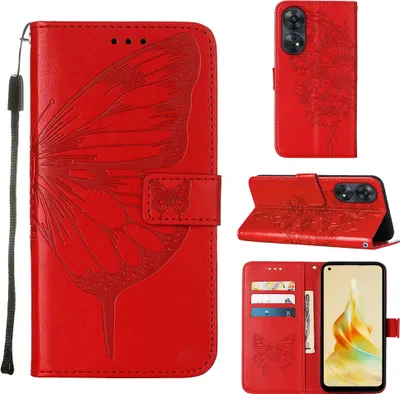 Produktbild von Lederhülle für OPPO Reno8 T 4G Schmetterling Prägung Flip Ledertasche Kartenfächer Handyhülle mit Ständer Rot