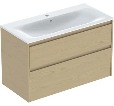 Produktbild von Geberit Renova Plan Set Möbelwaschtisch schmaler Rand, mit Unterschrank, zwei Schubladen: 100x62.1x48cm, Breite Waschtisch=100cm, Waschtisch: weiß / KeraTect, Korpus, Front: Eiche natur / Melamin Holzstruktur
