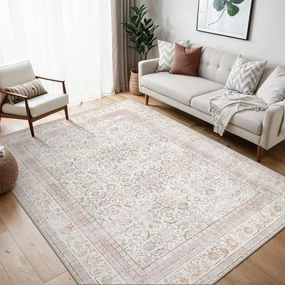 Imagen del producto de Alfombra vintage lavable para sala de estar, 160x230 cm, color beige claro