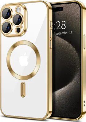 Immagine prodotto di Custodia magnetica trasparente per iPhone 15 Pro Max, compatibile con MagSafe, custodia protettiva galvanica con protezione della fotocamera Oro