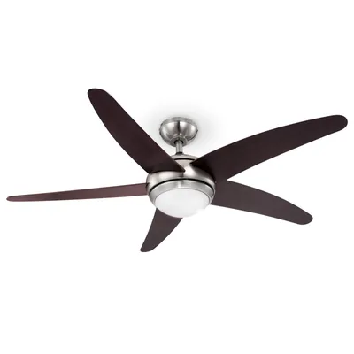 A ceiling fan with five blades and a light fixture is shown against a white background.