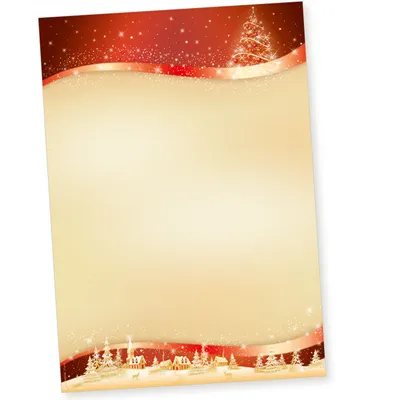 A festive Christmas-themed stationery set with envelopes, featuring a snowy village scene at the bottom and a decorated Christmas tree at the top.