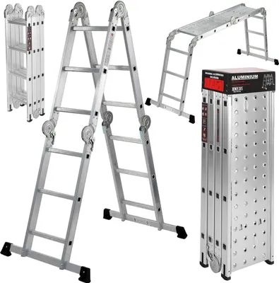 Obrázok produktu pre KRAFT&DELE | Viacúčelový rebrík, 4x4 stupne, 460 cm, 150 kg, multifunkčný rebrík s plošinou, rebrík s 2 lešenárskymi doskami, kĺbový rebrík, skladací rebrík, pevný rebrík, hliníkový rebrík, štafle, kombinovaný rebrík