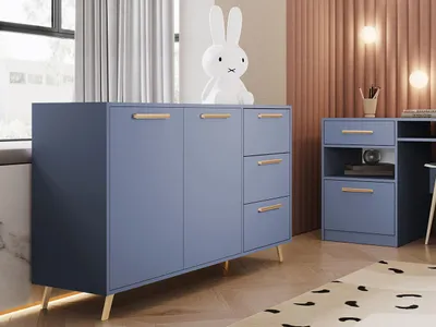 Produktbild von MIRJAN24 Kommode Tytus II, Highboard mit 3 Schubladen und 2 Türen, Wohnzimmer Sideboard, Kolektion (Blau / Blau + Gold)