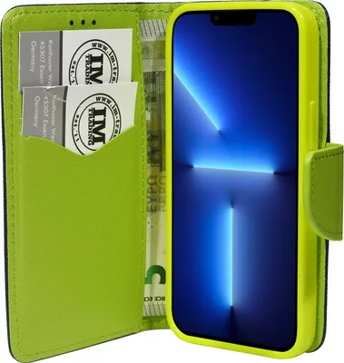 Image de cofi1453® Etui livre "Fancy" compatible avec iPhone 13 Pro Max Etui téléphone portable Portefeuille Housse de protection avec fonction support, porte carte Bleu-Vert