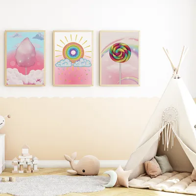 Produktbild von Zuckerwatte Lollipop Süßigkeiten Bilder 3er Set DIN A4 Kinderzimmer Wandbilder Babyzimmer Poster Dekoration