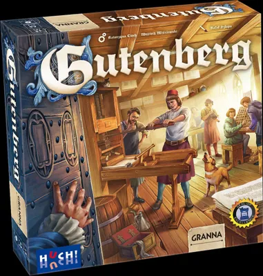Produktbild von HUCH!, Gutenberg Spiel, Kennerspiel über die Entstehung des Buchdrucks, Spannende Strategiespiele mit einzigartigem Zahnrad-Mechanismus, Für 1–4 Spieler ab 12 Jahren