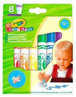 A box of Crayola Mini Kids Washable Markers with a child drawing.