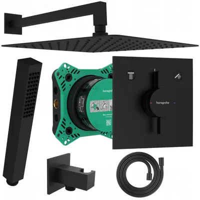 Produktbild von HANSGROHE DuoTurn E | BOFLER Unterputz Duschsystem #49, Armatur, I-BOX 2, Regendusche 30x30cm, Handbrause, Brauseschlauch, Brausehalter, matt schwarz