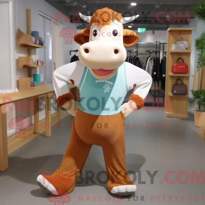 Produktbild von Maskottchen REDBROKOLY einer rostfarbenen Guernsey-Kuh mit Yogahose und Tragetasche