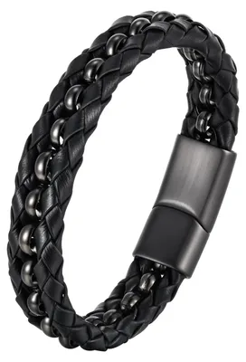 Produktbild von Lederarmband Herren, schwarz, geflochten, 21 cm, mit Magnetverschluss und Edelstahlperlen, für Accessoires