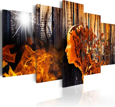 Image de Toiles 200 x 100 cm a-A-0122-b-m Toile intissée 5 pièces Impression artistique moderne Tableaux muraux XXL Décoration murale Design Tableau mural ABSTRAIT TÊTE BOIS PLANCHES FEU CRÉATION
