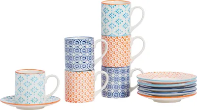 Produktbild von Nicola Spring 12-teiliges handbedrucktes Espressotassen- und Untertassen-Set – 65 ml – 3 Farben