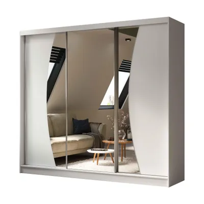 Produktbild von Schwebetürenschrank VOX 240 cm – Kleiderschrank mit 3 Schubkasteneinsätze, Spiegel & Schiebetüren (Weiß)