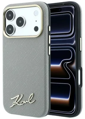 Immagine prodotto di Custodia per iPhone 18 Pro Max / 17 Pro Max, Karl Lagerfeld, motivo Saffiano, logo metallico "Small Script" con tecnologia MagSafe, color beige
