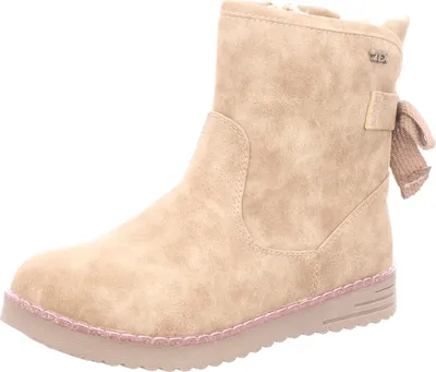 A single beige boot with a bow detail on a white background.