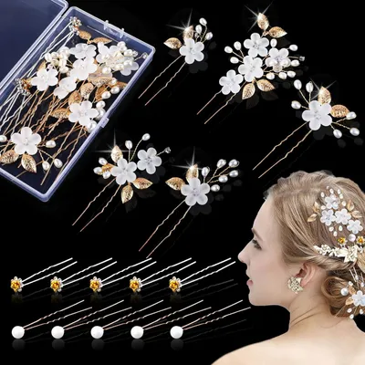 Produktbild von 15 Stück Haarschmuck Hochzeit Set, Haarnadeln Mit Perlen und Blume, U-förmig Haarspangen Strass für Braut und Brautjungfer (Golden, 3 Stil)