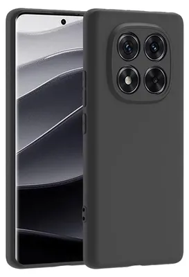 A black phone case is shown next to a smartphone.