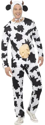 Produktbild von Kuh-Kostüm Smiffys Jumpsuit mit Euter und Kopfteil für Halloween, Tierkostüm