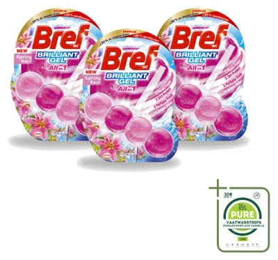 Productafbeelding van 3 x Bref Brilliant Gel toiletblok "Lente Regen", 42 g - Grote verpakking - 3 stuks