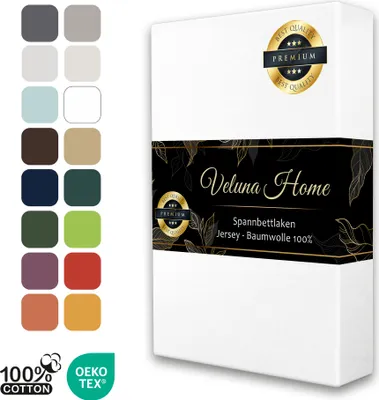 Produktbild von Veluna Home Premium  Spannbettlaken 160x200 cm – Weiß | Jersey Bettlaken, 150 g/m² Spannbetttuch, bis zu 30cm Höhe | 100% Baumwolle