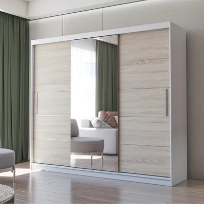 Produktbild von Schwebetürenschrank Kleiderschrank Schrank 250cm Weiss/Sonoma mit Spiegel Alba
