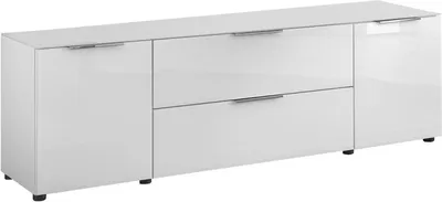 Produktbild von TV Lowboard - 180 x 54 cm - 2 Türen - 1 Schublade - 1 Klappe - Weißglas - Weiß matt