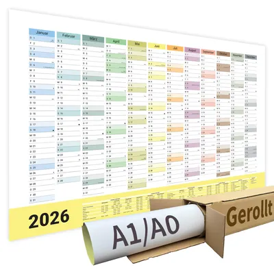 Produktbild von XXL Jahreskalender Wandkalender 2026 | DIN A0 | 1 Stück | Gerollt verpackt ohne Knicke | 84,1 x 118,9 cm | Kalender | deutsche Feiertage + Ferien