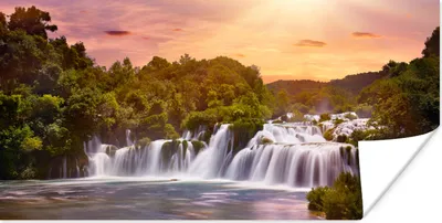 Produktbild von MuchoWow® Poster Wasserfall - Landschaft - Sonne - Wolken - Sonnenuntergang 40x20 cm - Poster für die Wand - Poster Schlafzimmer