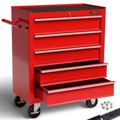 Immagine prodotto di AREBOS® Carrello da officina rosso | 5 scomparti, cassetti robusti e chiudibili a chiave