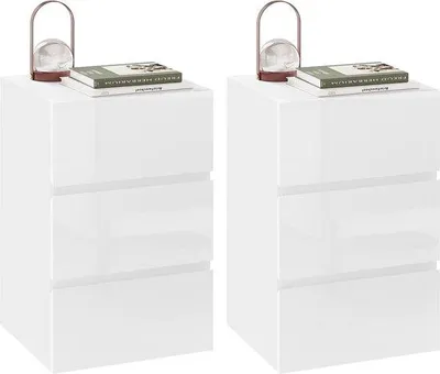 Productafbeelding van Nachtlampenset met 3 laden in hoogglans wit - Veelzijdig dressoir voor slaapkamer en woonkamer - 40 x 35 x 62 cm