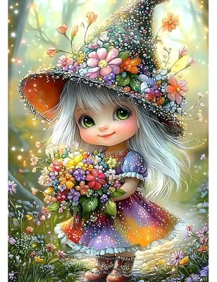 Image de Kit de peinture diamant "Petite sorcière des bois", pierres rondes, 30x40 cm, kit de loisirs créatifs, décoration murale