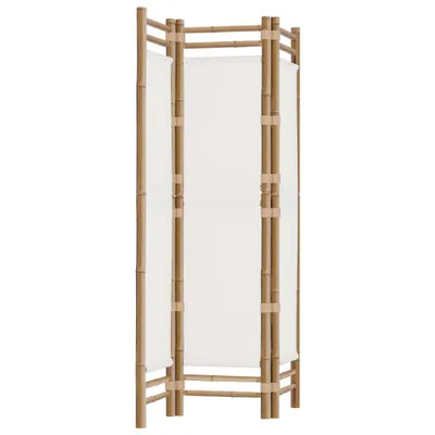 A three-panel folding screen made of bamboo and canvas, shown from a side angle against a white background.