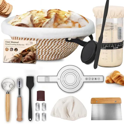 Produktbild von Gärkörbchen, Gärkorb Brot 23cm Rund mit Griff - 10-Teiliges Brotkorb zum Brotbacken, Brotbackzubehör Ideal für Anfänger & Profis