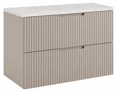 Immagine prodotto di Mobile bagno sospeso, 80 cm, con cassetti, struttura in legno impiallacciato effetto cashmere e piano in marmo bianco, completo di maniglie, dimensioni 80 x 46 x 58,6 cm, Immagine generata dall'IA