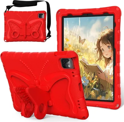 Obrázek produktu pro Dětské pouzdro pro iPad Air 11" M3/M2 2025/2024, lehké EVA pouzdro proti nárazům s ramenním popruhem a motýlkovým stojánkem Červená