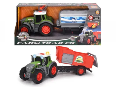 A toy tractor and trailer set in its packaging, with another tractor and trailer set displayed separately below.