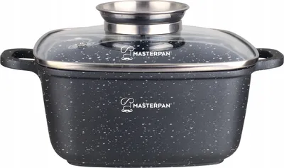 A black pot with a speckled pattern and a glass lid sits on a white background.