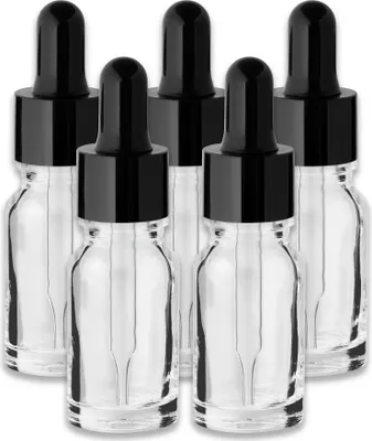 Produktbild von 5x Farblose Glasflasche 10 ml mit schwarzer Pipette Tropfen leer DIN18