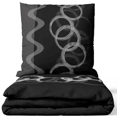 Produktbild von Bettwäsche 155 x 220 + 80 x 80 cm, Kreise Wellen modern grau schwarz weiß, 4-teilig Mikrofaser