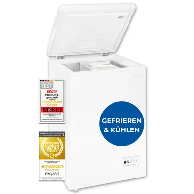 Produktbild von Exquisit Gefriertruhe, Kombigerät, Tiefkühltruhe, 98 Liter, 4-Sterne-Gefrieren, Schnellgefrierfunktion, Gefriertruhe klein, GT101-E-040E weiss
