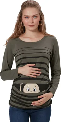 Image de T-shirt de grossesse manches longues coucou – vêtement de grossesse femme, 95 % coton, marron, taille S