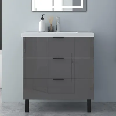 Produktbild von Badmöbel Set 80 cm Dunklegrau Hochglanz Hängeschrank mit Schrankfüße Griff Softclose selbstmontiert